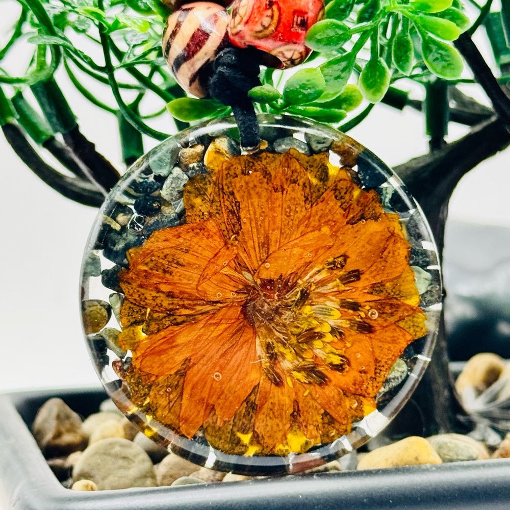 Vibrant Orange Floral Resin Art Piece Pendant With Kambaba Jasper Wooden Beaded
